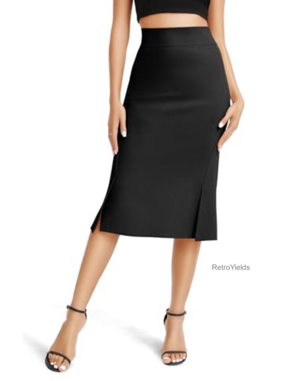 High Waist Stretch Office Fishtail Pencil Midi Skirt with Slit
